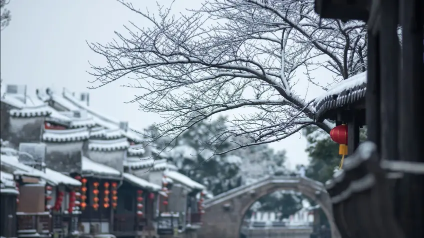 西塘雪后白墙黛瓦与石桥冬景