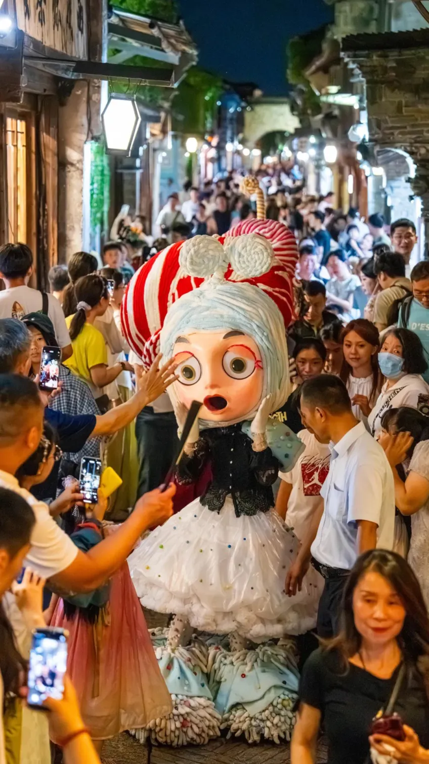 乌镇戏剧节夜街巨型偶人与围观游客