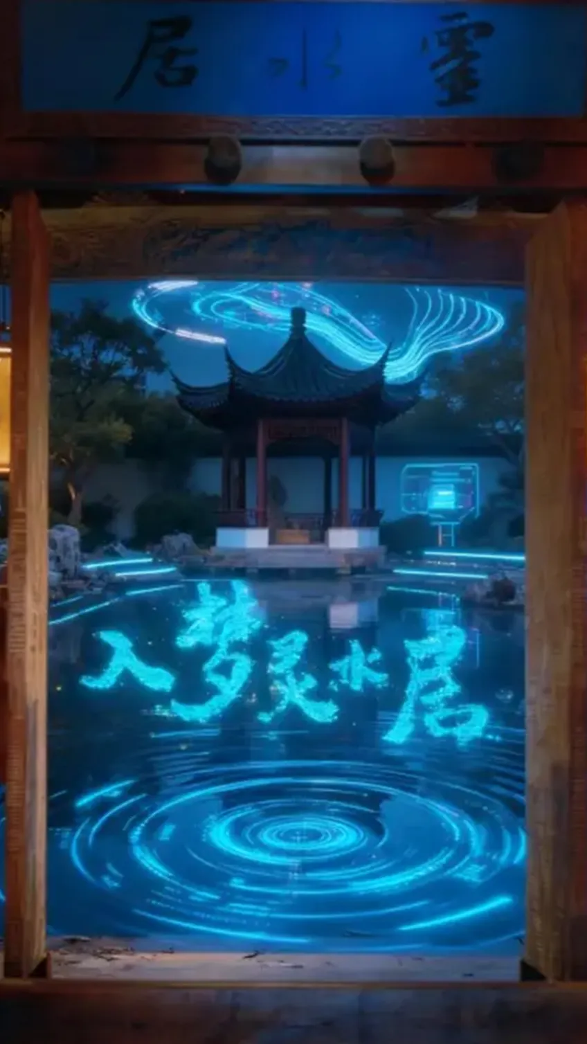 灵水居入梦光影亭廊夜景竖构图