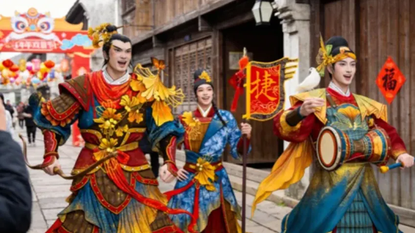 乌将军巡游甲胄鼓手与锦旗
