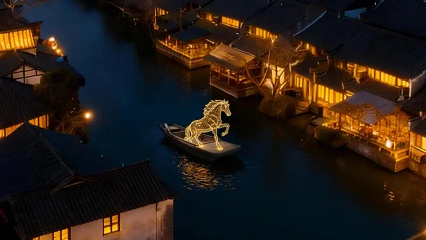 西栅夜景河面装饰花舟与马灯