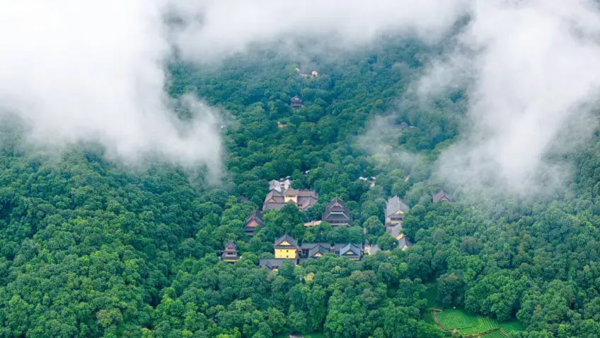 杭州灵隐寺黄色殿宇掩映苍翠山林航拍全景