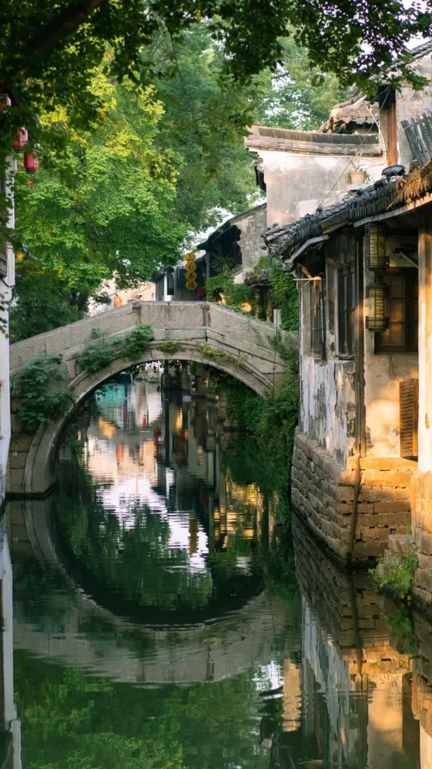 竖向示意：周庄黄昏灯笼与水巷倒影