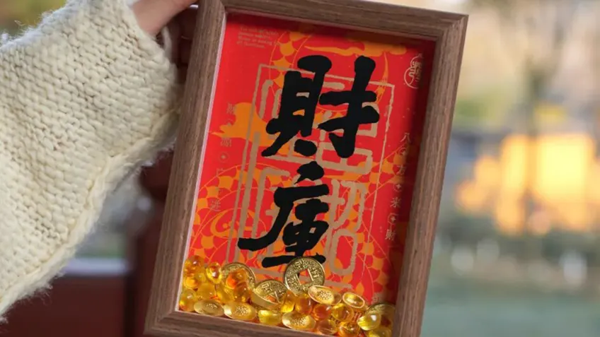红底书法木框配元宝金币文创摆件
