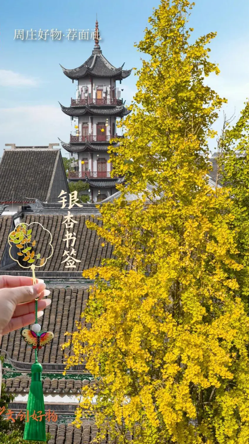 手持银杏叶金属书签对周庄全福塔
