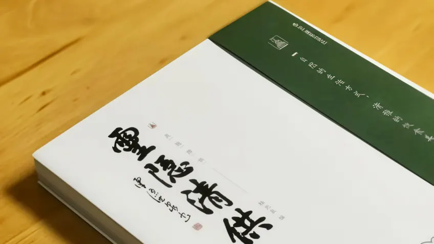 白色封面灵隐清供书籍配深绿腰封木桌特写