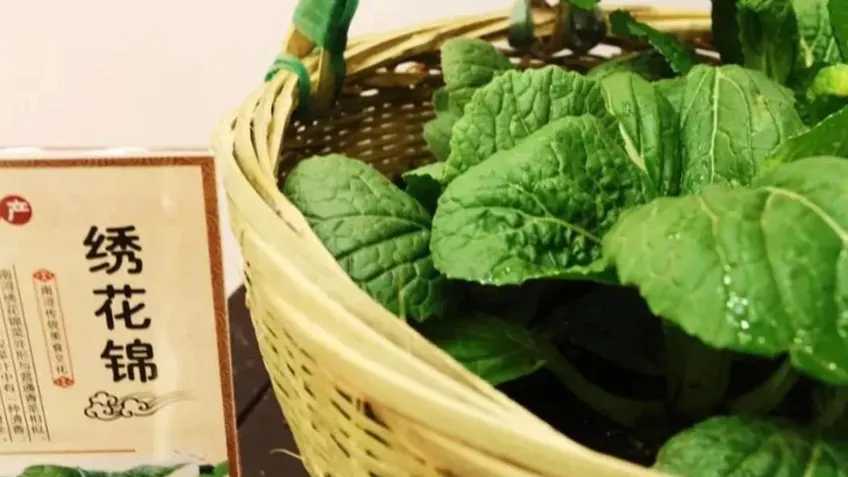 竹篮装满翠绿绣花锦叶菜旁标牌