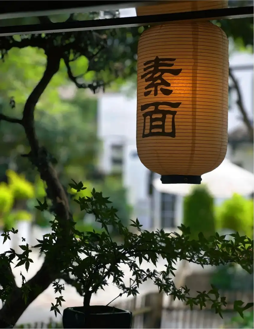 写有素面二字的纸灯笼夜景