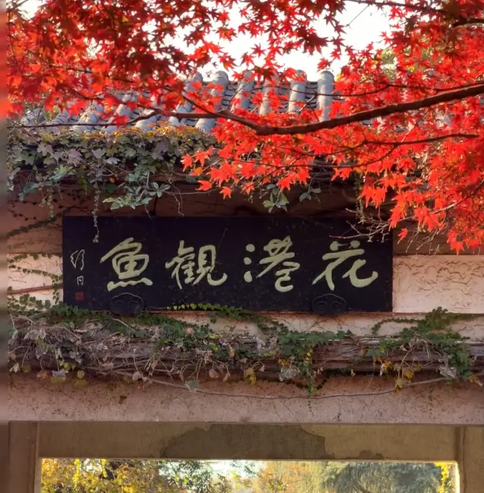 花港观鱼金字匾额与秋叶