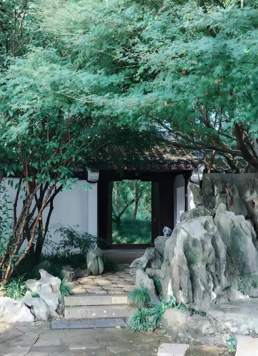白墙门洞与枫叶山石构成庭院景框