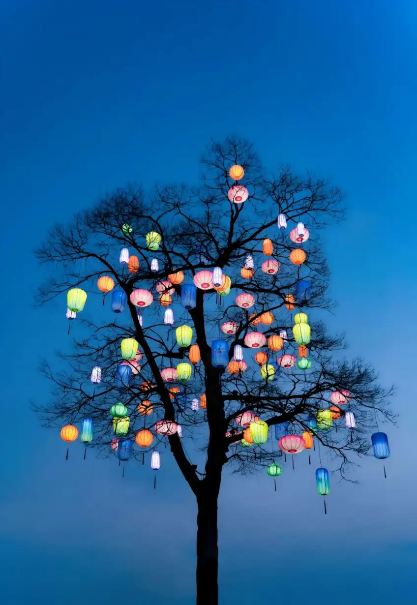 夜色中花灯树与游客夜游氛围