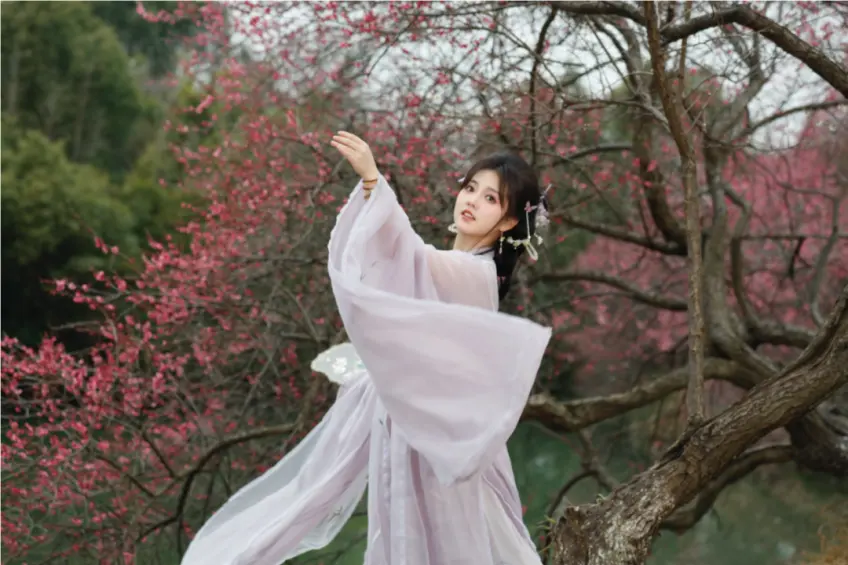 淡紫汉服女子在粉梅林中举手起舞
