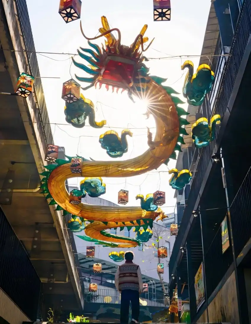 骑龙巷上空金龙灯与街巷仰拍