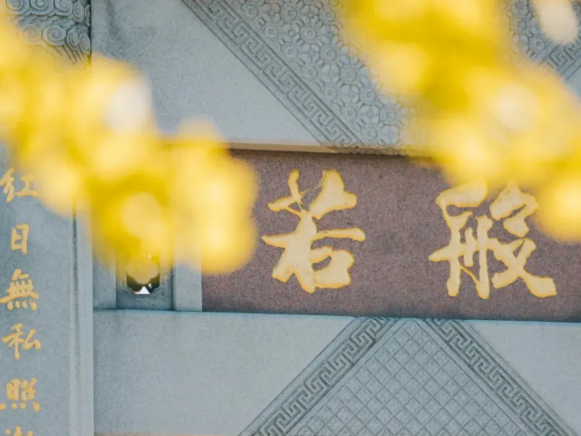 祥符禅寺般若石匾与前景黄花虚化