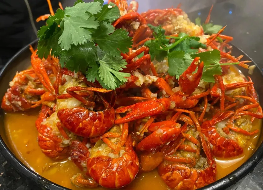 黑碗红焖小龙虾铺满新鲜香菜