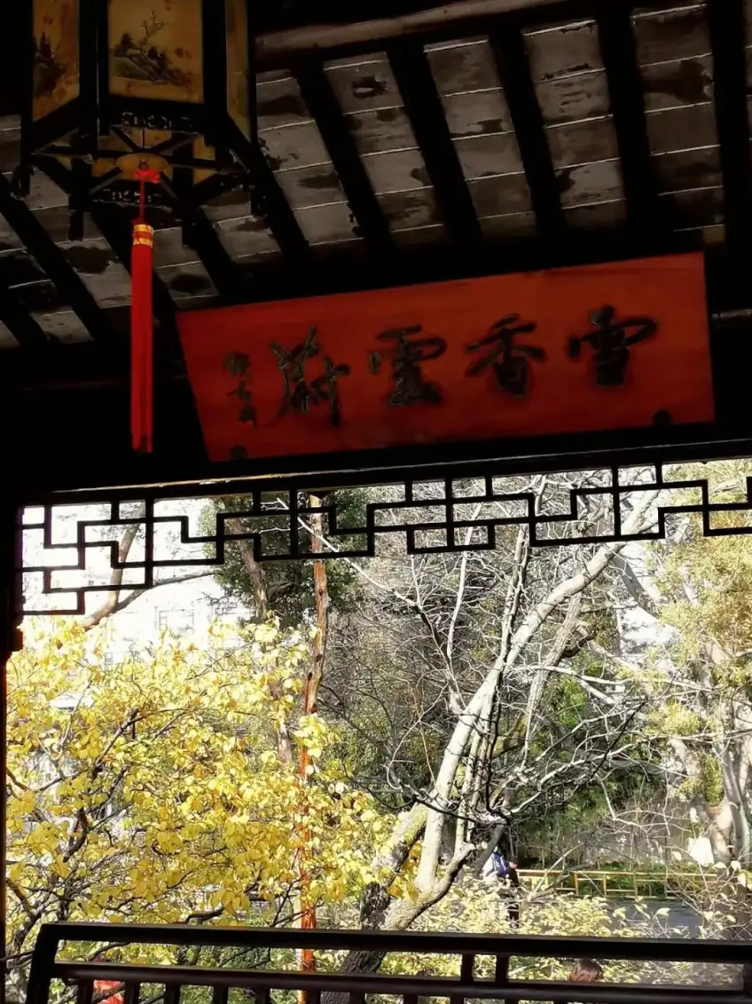 雪香云蔚亭匾额与窗外秋叶框景