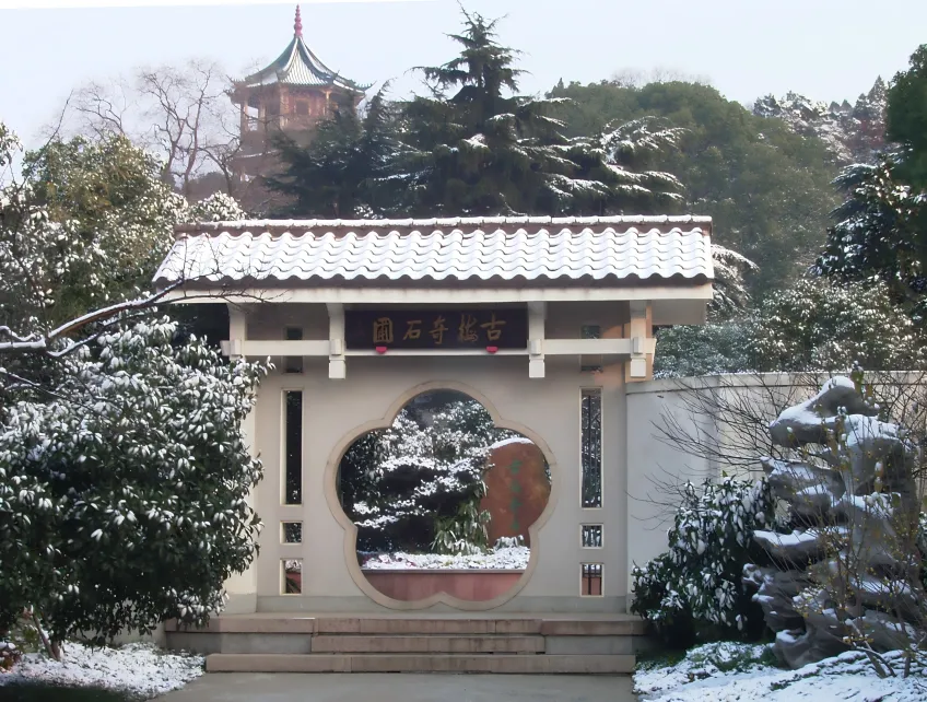 雪中梅园古梅奇石园梅花门洞远眺念劬塔