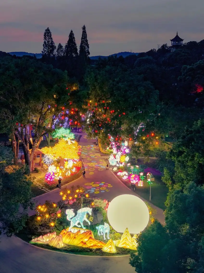夜色花溪灯带与游人剪影