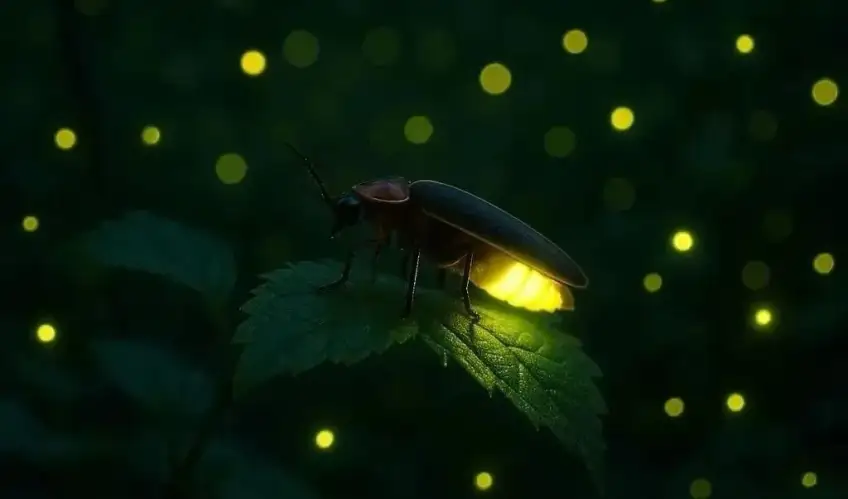 夜色叶面萤火虫腹部发光