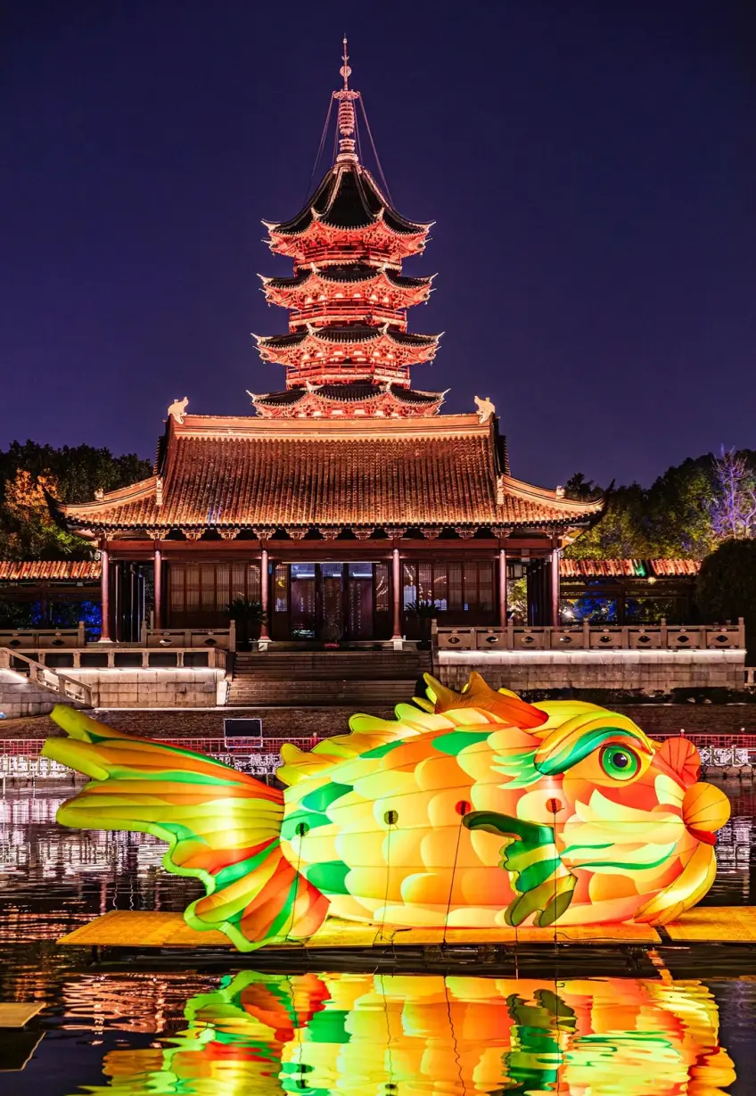 豎向示意盤門夜景金魚花燈與瑞光塔