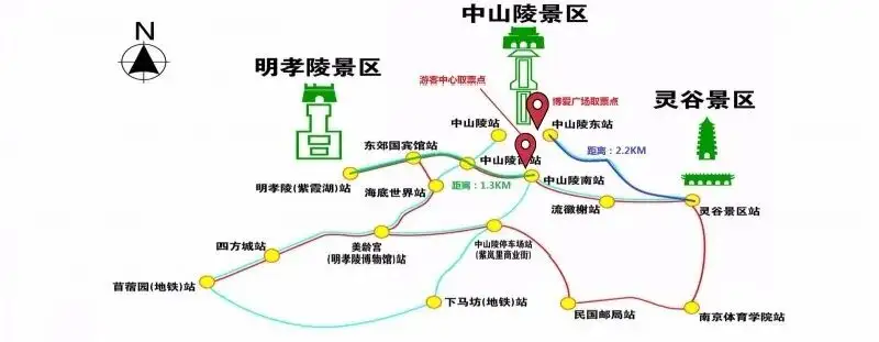 钟山风景区观光车接驳站点路线示意图