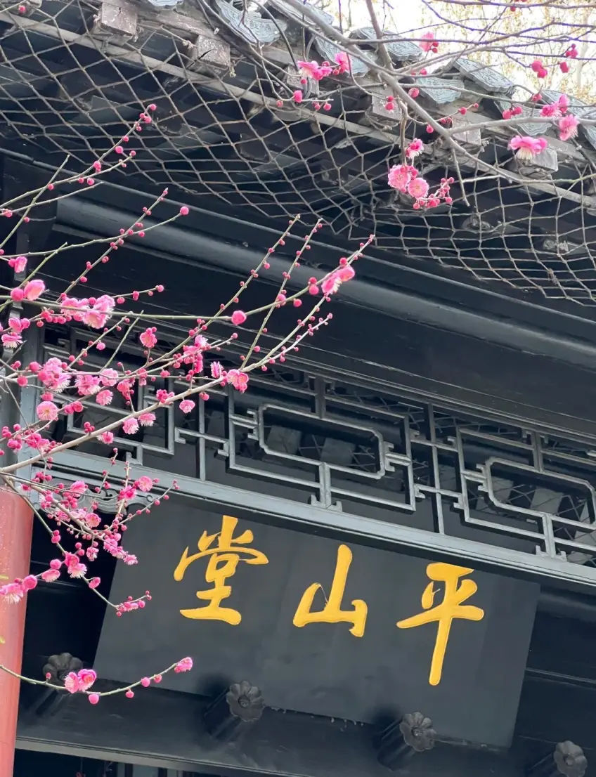 平山堂金字匾额与粉梅示意