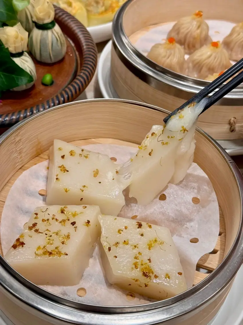 竹笼桂花拉糕筷子拉丝特写