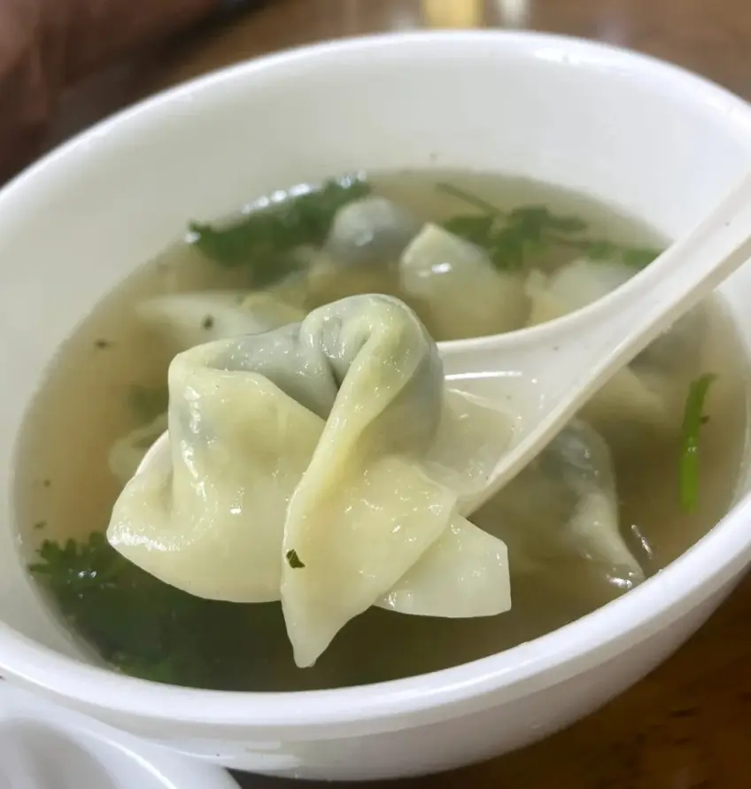 汤匙托起素馄饨清汤示意