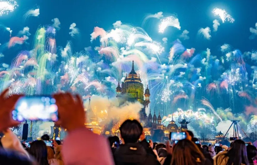 西游乐园夜场城堡上空烟花与观众