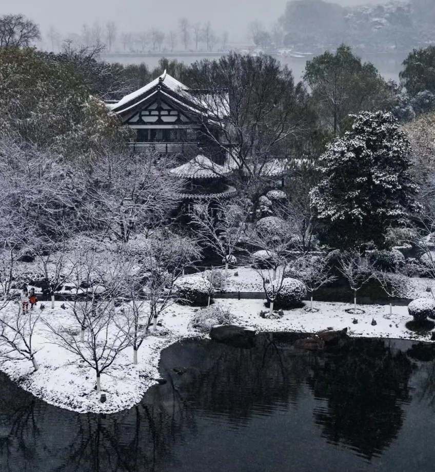 玄武湖雪后亭廊与枯枝湖景示意