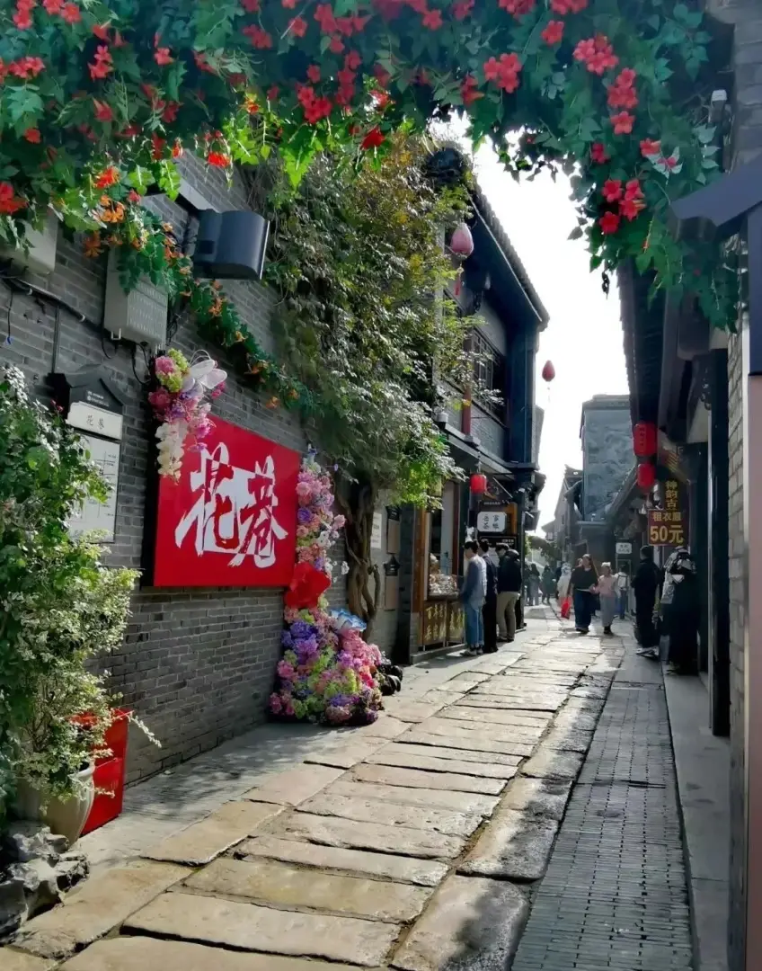竖向示意河下花巷青石板路与民居