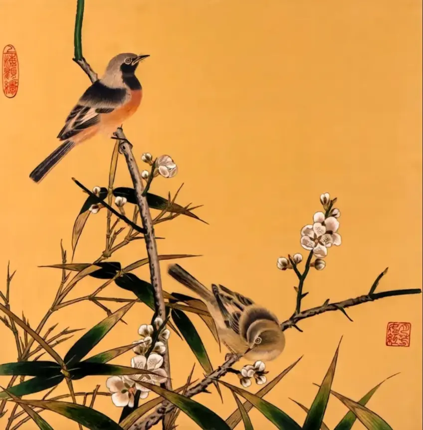 金地顾绣竹枝双鸟花鸟绣片