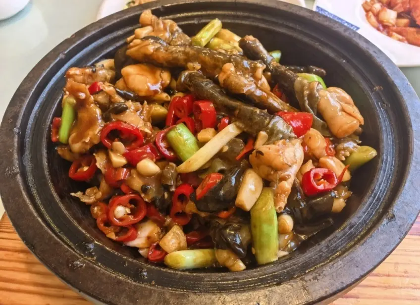 石锅石鸡配红椒蒜苗与葱段