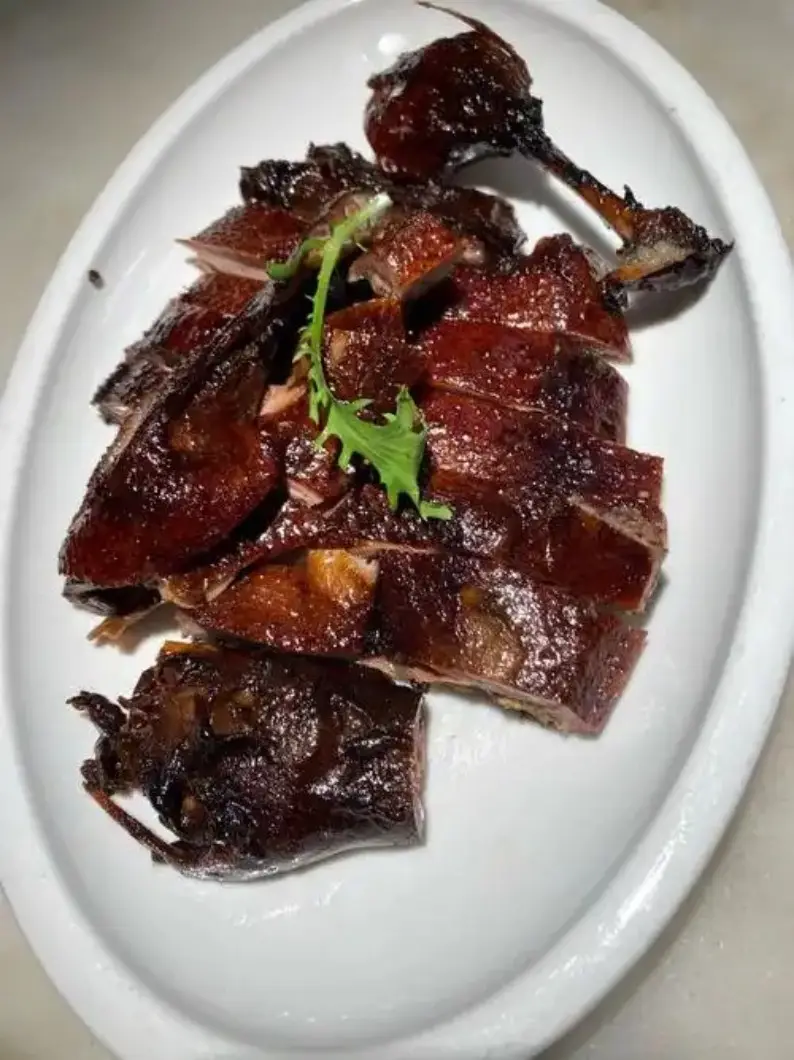 白盘切块多毛酱鸭配绿叶点缀