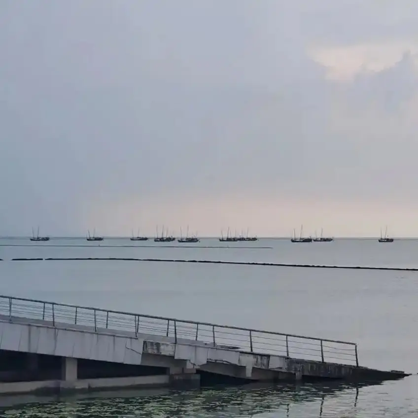 湖州太湖岸边泊船远眺湖面方图