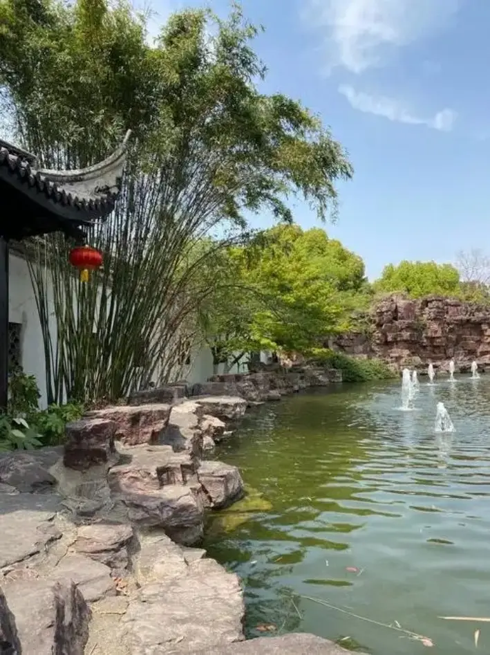 南湖会景园竹林白墙与池塘喷泉假山