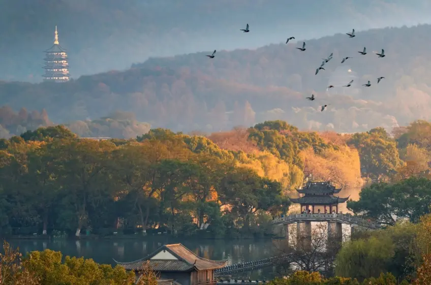 杭州西湖柳岸與遠山開闊全景