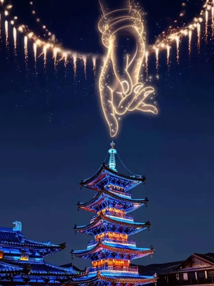 拈花灣夜景亮塔上空佛手拈花光影