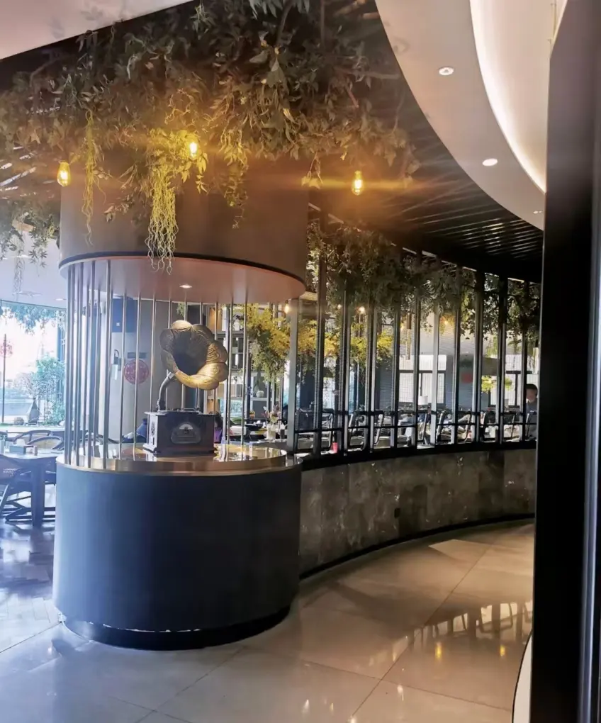 泊金黄埔酒店餐厅绿植与留声机装饰