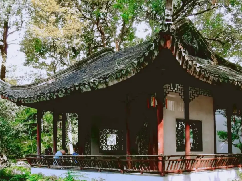 绿荫亭廊游客身影