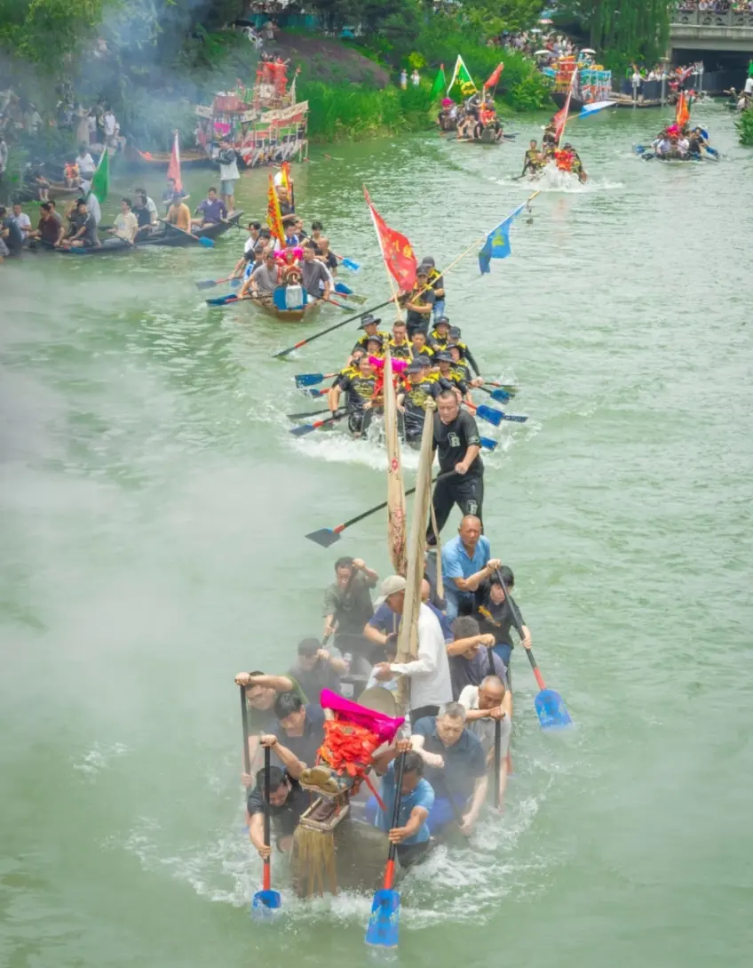 西溪河道多艘龙舟竞渡观众围观