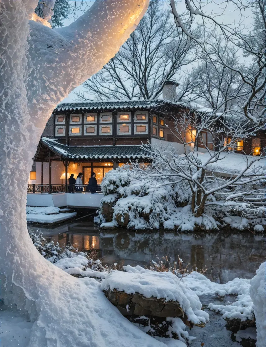 拙政园雪后亭台与残荷