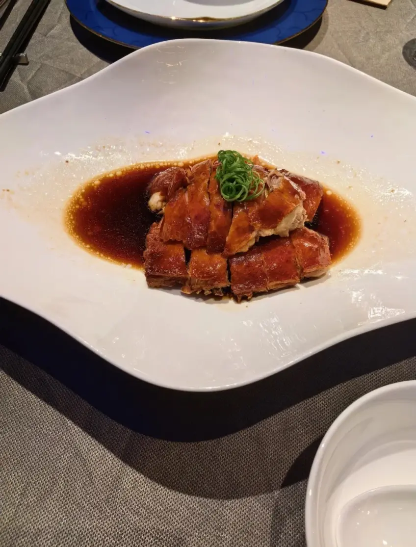 異形白盤醬汁烤鴨片配蔥絲示意