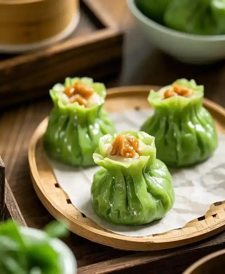 竹屉上三枚翡翠烧麦青绿透亮