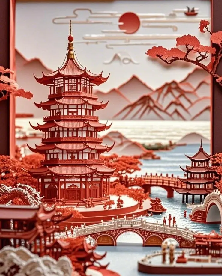 剪纸风格水乡层叠风景