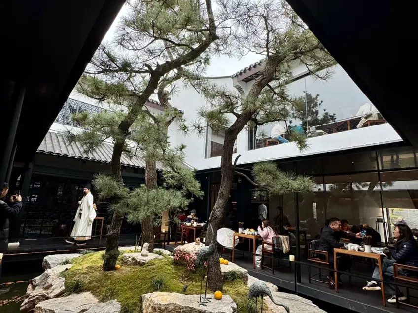 玻璃庭院松树鹤影茶宴空间