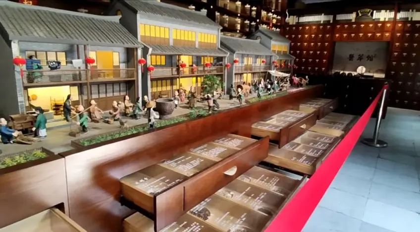 中医馆内药柜与古街微缩模型陈列