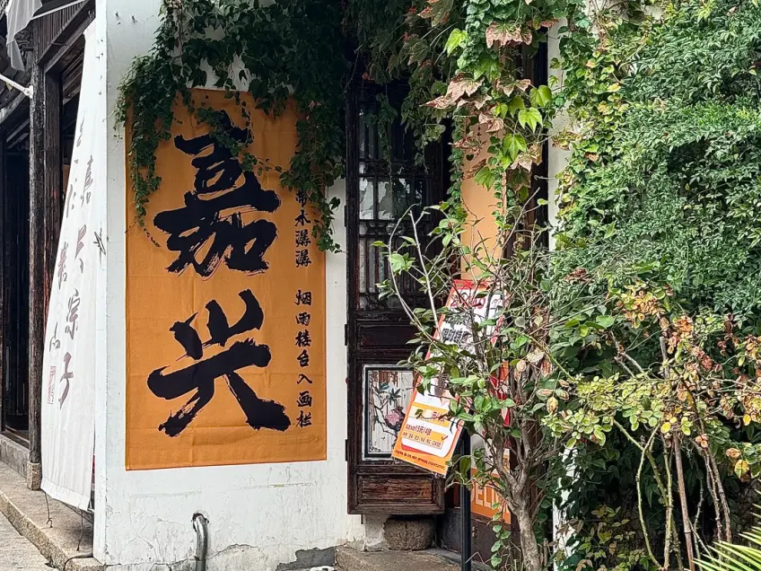 嘉兴二字黄旗挂白墙与攀爬绿藤