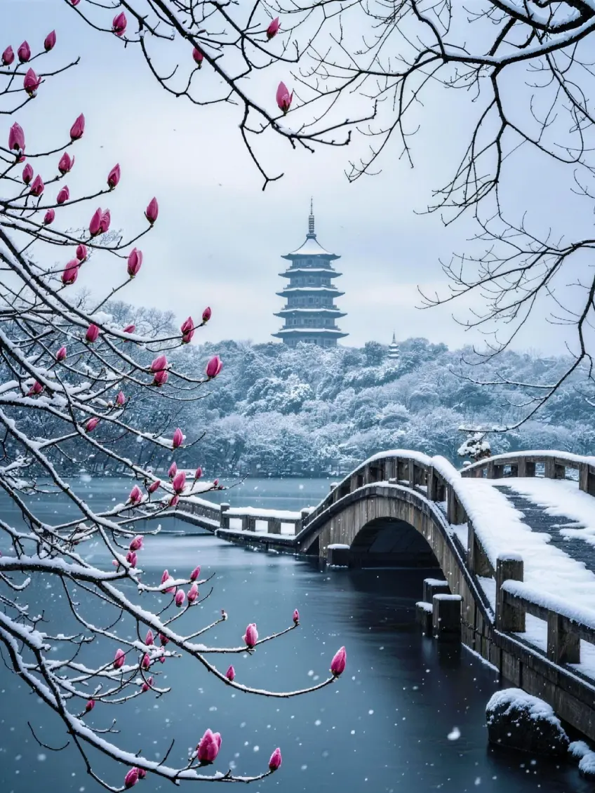 西湖雷峰塔雪景石桥与木兰