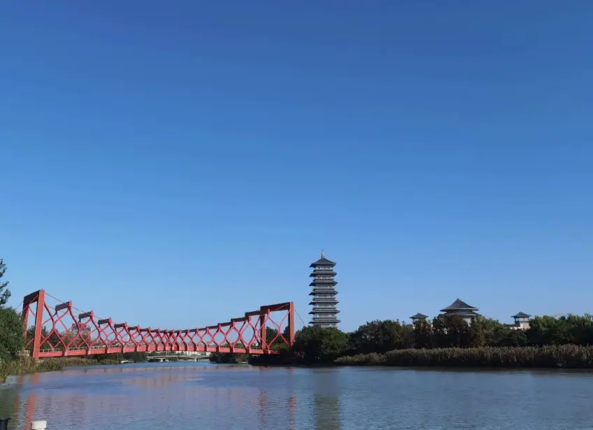 三湾湿地公园红桥望大运塔日景